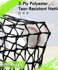 Close-up of 3-ply polyester netting with baseballs showing tear-resistant mesh for Backyard Baseball Batting Cage.