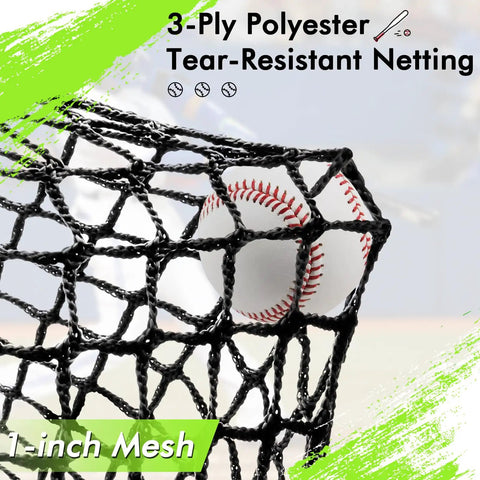 Close-up of 3-ply polyester netting with baseballs showing tear-resistant mesh for Backyard Baseball Batting Cage.