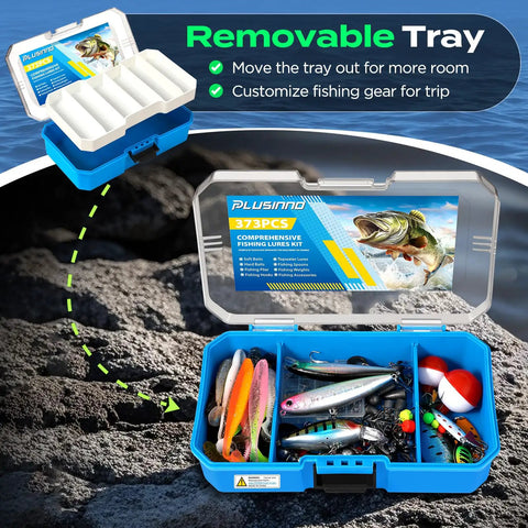 Fishing Tackle Box With Tackle Included 373 Piece Lures Kit With Removable Tray Pliers Weights Hooks And Accessories
