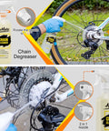 Person using Bike Chain Cleaning Kit With Biodegradable Degreaser on mountain bike rear derailleur and chain area.