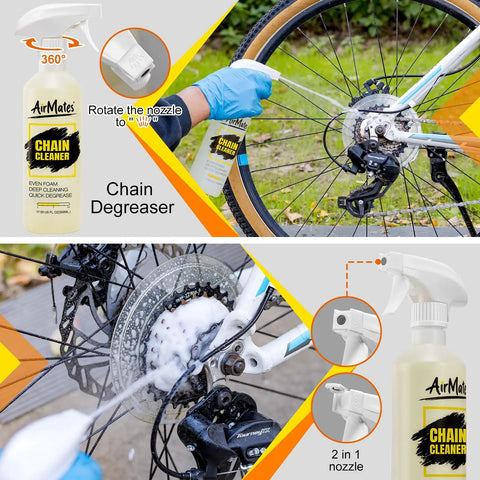 Person using Bike Chain Cleaning Kit With Biodegradable Degreaser on mountain bike rear derailleur and chain area.
