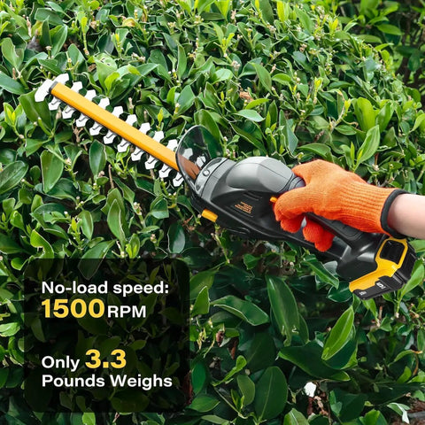 2-In-1 Cordless Hedge Trimmer And Grass Shear Tool Only, 20V Max Battery Compatible trimming a bush with orange glove