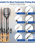 360 Degree Rotating Bamboo Fishing Rod Holder Floor Stand with rods, holds up to 12, in a garage setting.