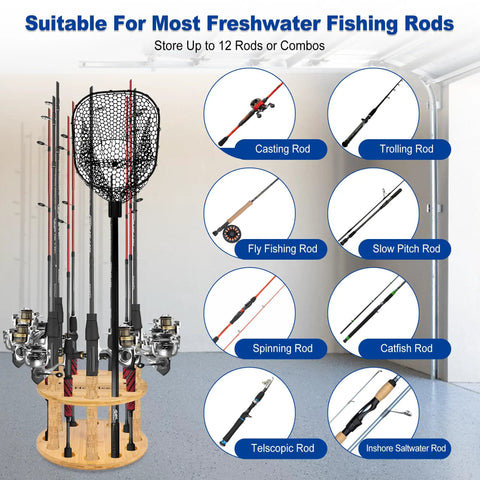 360 Degree Rotating Bamboo Fishing Rod Holder Floor Stand with rods, holds up to 12, in a garage setting.
