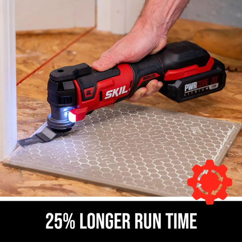 Beast Mode Ready PWR CORE 20 Brushless 20V Oscillating Tool Kit cutting tile with LED light, 25% longer run time shown