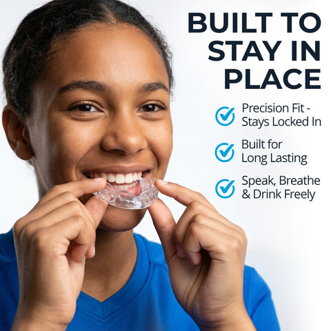 Person holding Two Pack Sports Mouth Guards For Game Ready Protection With Custom Fit To Any Mouth Size Moldable Comfort No BPA Clear Color