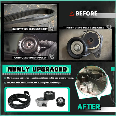 Comparison of old worn serpentine belt and tensioner with new Top-Quality Serpentine Belt Tensioner Idler Pulley Drive Kit for 2007-2018 V8 4.6L and 5.7L Engines in Tough Trucks and Rugged Suvs Replaces 90K-39185 39185 36370 8PK2415 with Easy Diy Setup for Kickass Performance and Rock-Solid Reliability on the Road.