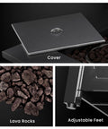 Close-up of 28 Inch Propane Fire Pit Table With 40K BTU showing cover, lava rocks, and adjustable feet with steel texture.