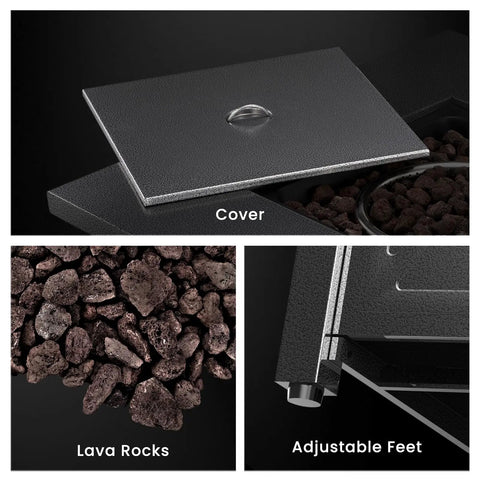 Close-up of 28 Inch Propane Fire Pit Table With 40K BTU showing cover, lava rocks, and adjustable feet with steel texture.