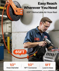Heavy Duty Retractable Air Hose Reel Winds Sixty Five Feet Of One Half Inch Rubber Tubing Featuring Auto Rewind and Wall Mount Hardware for Zero Sweat Garage Or Shop Tasks, mounted on wall.