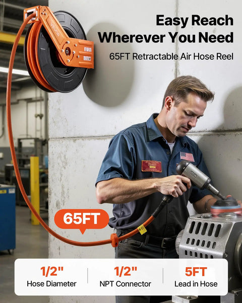 Heavy Duty Retractable Air Hose Reel Winds Sixty Five Feet Of One Half Inch Rubber Tubing Featuring Auto Rewind and Wall Mount Hardware for Zero Sweat Garage Or Shop Tasks, mounted on wall.