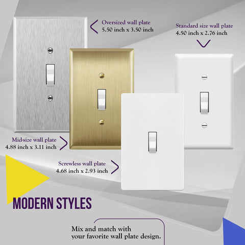 Various wall plate styles and sizes showcasing toggle switches in different finishes and dimensions.
