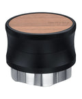 Top Tier 51mm Coffee Gravity Distributor For Espresso Portafilters with a wooden top and stainless steel base, designed for leveling puck work.