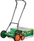Manual 20-Inch 5-Blade Push Reel Lawn Mower with ball bearing reel, dual tracking wheels, green finish next to product box.