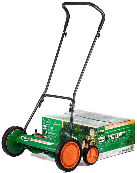 Manual 20-Inch 5-Blade Push Reel Lawn Mower with ball bearing reel, dual tracking wheels, green finish next to product box.