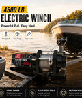 Heavy Duty Electric Winch With Steel Cable 4500 Lb Pulling Power For Atv Utv Trailer with boat at a lake shore.