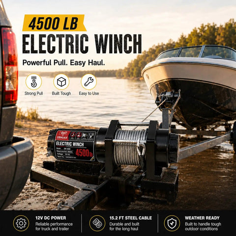 Heavy Duty Electric Winch With Steel Cable 4500 Lb Pulling Power For Atv Utv Trailer with boat at a lake shore.