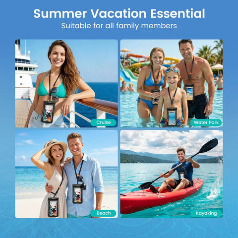 People using IP68 Floating Waterproof Phone Pouch Two Pack Fits Up To 8.5 Inches With Secure Locking Submersible Case swimming or kayaking.