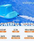 Half HP Pool Cover Pump With No Fuss Auto On Off Sensor, submersible in water, showing specs, for pools and basements