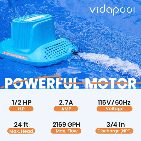 Half HP Pool Cover Pump With No Fuss Auto On Off Sensor, submersible in water, showing specs, for pools and basements