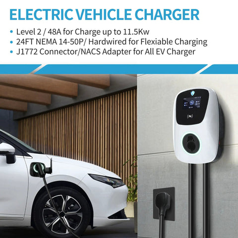Level 2 EV Charger 240V 48A J1772 Electric Vehicle Charger With NEMA 14-50 Plug And Tesla Adapter installed in garage