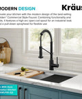 Bolden Commercial Style Two Function Pull Down Kitchen Faucet With Single Handle In Matte Black High Arc Open Coil Sprout For A Pro Grade Look About 18.75 Inches Tall With 8.625 Inch Spout Reach Model KPF-1610MB installed on a modern kitchen sink.