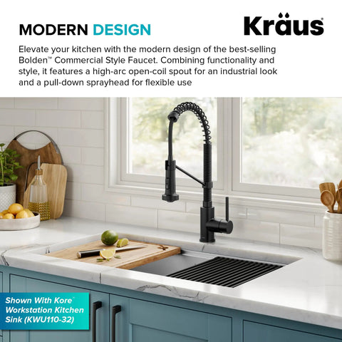Bolden Commercial Style Two Function Pull Down Kitchen Faucet With Single Handle In Matte Black High Arc Open Coil Sprout For A Pro Grade Look About 18.75 Inches Tall With 8.625 Inch Spout Reach Model KPF-1610MB installed on a modern kitchen sink.