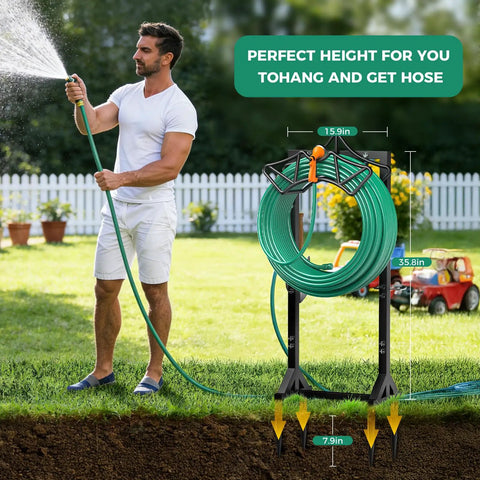 Heavy Duty Freestanding Hose Reel With Two Tool Hooks Rustproof Outdoor Hose Holder For 160 Foot Hoses in yard setup