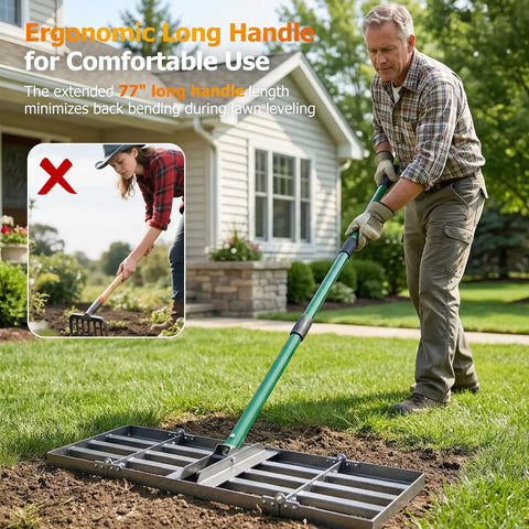 Man using 30 By 10 Inch Lawn Leveling Rake With Heavy Duty Steel Head And 33 To 77 Inch Adjustable Handle Foldable Ground Leveler