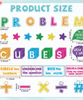 Colorful pieces from 41 Piece Math Bulletin Board Set With Cubes And Math Keywords Paper Cutouts for classroom decor.