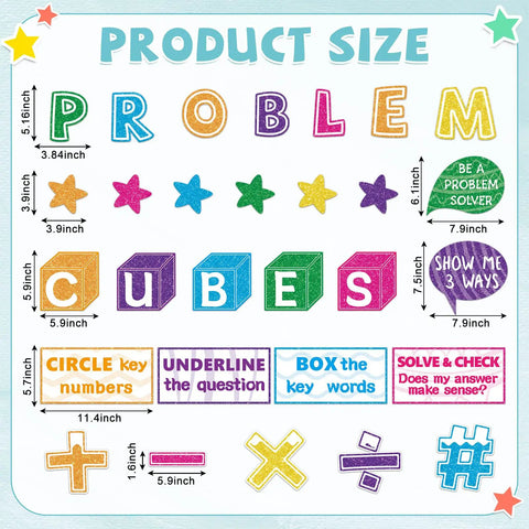 Colorful pieces from 41 Piece Math Bulletin Board Set With Cubes And Math Keywords Paper Cutouts for classroom decor.