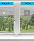 Grey Window Screen Repair Tape 2 Inch By 30 Foot Roll applied to window, showing before and after repair of mesh screen.