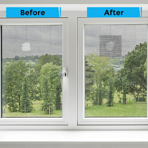 Grey Window Screen Repair Tape 2 Inch By 30 Foot Roll applied to window, showing before and after repair of mesh screen.