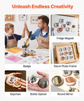 Heavy Hitter 2.25 Button Maker Machine With Solid Steel Mold And Comfort Grip, complete 100 pc pin component kit displayed with badges and fridge magnets.