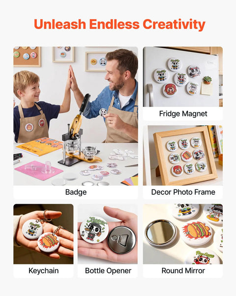 Heavy Hitter 2.25 Button Maker Machine With Solid Steel Mold And Comfort Grip, complete 100 pc pin component kit displayed with badges and fridge magnets.