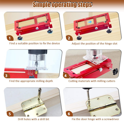 Pro Grade Premium Aluminum Door Hinge Jig For Routers Handy Templates in use demonstrating hinge cutting steps
