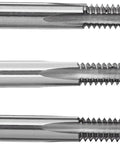 USA Crafted 1/4-20 Hand Threading Tap Set With Taper Plug And Bottom Taps Machined From Premium High Speed Steel displaying three taps.