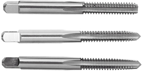 USA Crafted 1/4-20 Hand Threading Tap Set With Taper Plug And Bottom Taps Machined From Premium High Speed Steel displaying three taps.