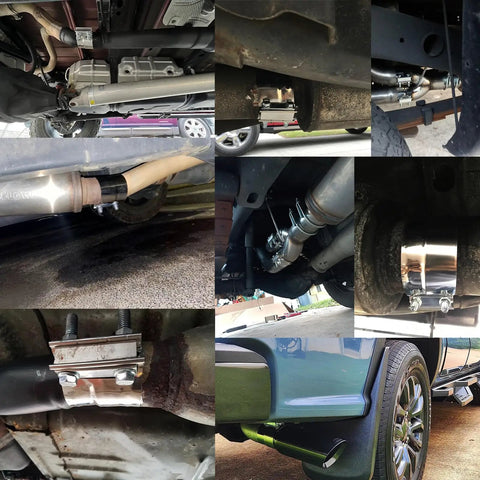 Collage of Heavy Duty 3 Inch Exhaust Clamp in 304 Stainless Steel Lap Joint Band on various vehicle exhausts