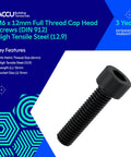 Accu M6 x 12mm full-thread cap head screws, DIN 912, high-tensile steel (12.9), pack of 20, black