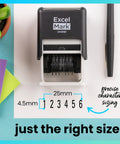 Hella Durable Self Inking Rubber Number Stamp Featuring Adjustable Six Digit Bands With Rich Black Ink, showing character sizing and design features.