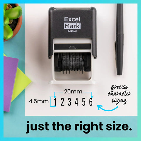 Hella Durable Self Inking Rubber Number Stamp Featuring Adjustable Six Digit Bands With Rich Black Ink, showing character sizing and design features.