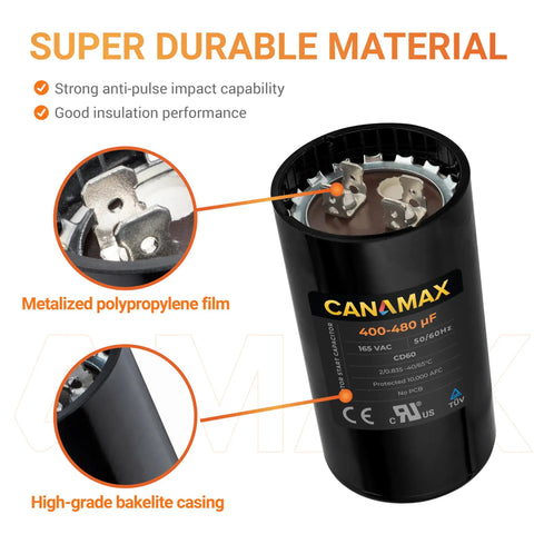 400 To 480 uF Round Motor Start Capacitor 165 VAC showing internal components and durable casing