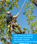 Arborist using Five Eighths Inch By Two Hundred Feet Polyester Bull Rope Arborist Rigging Line For Pulling Trees in tree work.