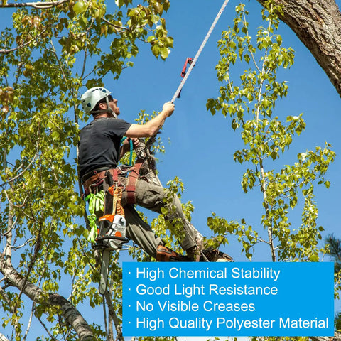 Arborist using Five Eighths Inch By Two Hundred Feet Polyester Bull Rope Arborist Rigging Line For Pulling Trees in tree work.