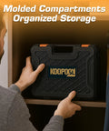 Person placing 160 Piece Home And Car Tool Set With Tool Box Your Go To DIY Hand Tool Kit into shelf showing storage