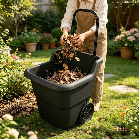 Person using Heavy Duty 15 Gallon Rolling Garden Cart With Retractable Handle And 7 Inch Wheels For Outdoor Yard Work A Real Workhorse Lightweight Resin Utility Wagon For Gardening Lawn And Home Hauling, placing dry leaves into black durable cart on grass with garden in background