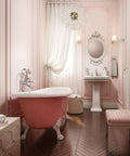 Stylish pink bathroom with freestanding tub, ornate mirror, elegant decor, showcasing sophisticated interior design.