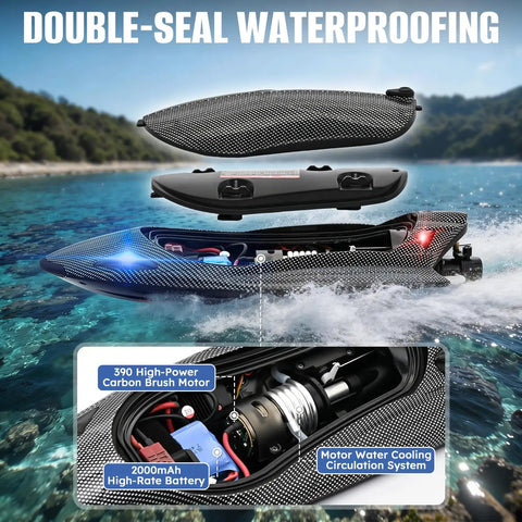 12 Inch High Speed RC Boat With LED Lights 40 KPH Remote Control Boat showing double-seal waterproofing on lake