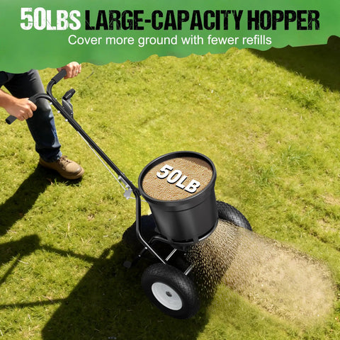 50Lb Capacity Walk Behind Fertilizer Spreader For Lawn Care With Hopper Screen And Rain Cover All Season Ready For Yard Work
